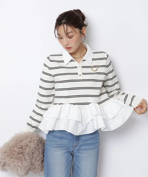JUSGLITTY(ジャスグリッティー)の「シャツカラーペプラムニット(ニット/セーター・レディース・ブラック/オフホワイト/ネイビー・2)」の2枚目の写真