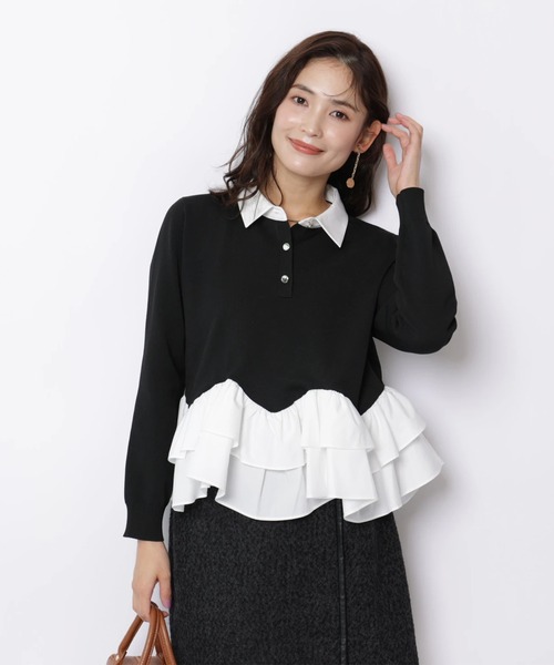 JUSGLITTY(ジャスグリッティー)の「シャツカラーペプラムニット(ニット/セーター・レディース・ブラック/オフホワイト/ネイビー・2)」の1枚目の写真