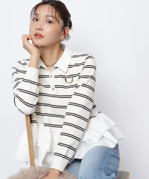 JUSGLITTY(ジャスグリッティー)の「シャツカラーペプラムニット(ニット/セーター・レディース・ブラック/オフホワイト/ネイビー・2)」の4枚目の写真