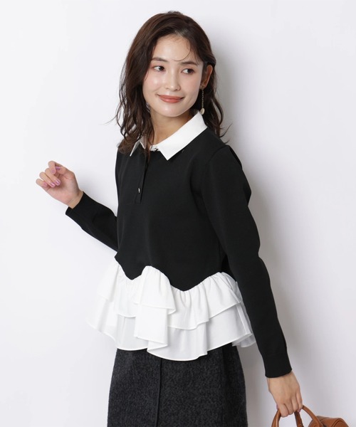 JUSGLITTY(ジャスグリッティー)の「シャツカラーペプラムニット(ニット/セーター・レディース・ブラック/オフホワイト/ネイビー・2)」の9枚目の写真