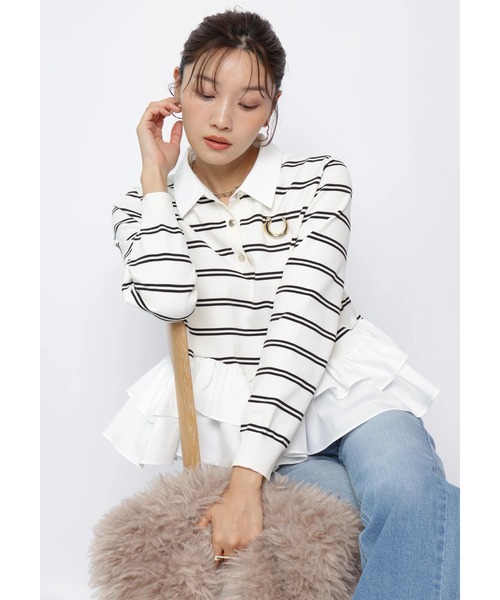 JUSGLITTY(ジャスグリッティー)の「シャツカラーペプラムニット(ニット/セーター・レディース・ブラック/オフホワイト/ネイビー・2)」の21枚目の写真
