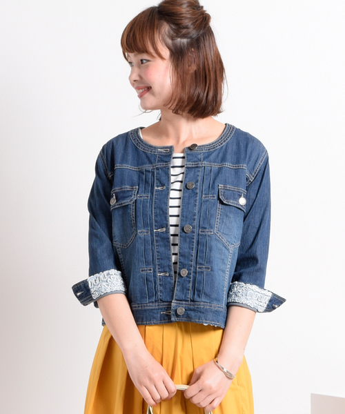 Gready Brilliant グレディブリリアン の ノーカラーデニムジャケット 7分袖 デニムジャケット Wear