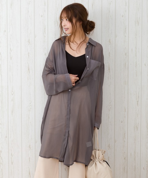 SpRay（スプレイ）の「シアーロングシャツ（シャツ/ブラウス・レディース・ピンク/グレー/ライトグリーン/アイボリー/ブラック/オフホワイト・FREE）」の4枚目の写真