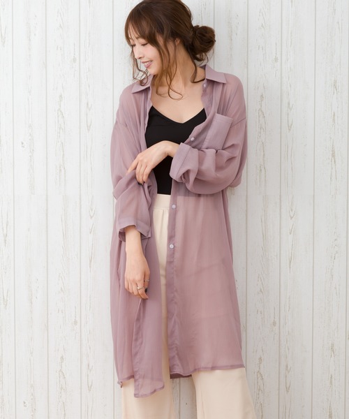 SpRay（スプレイ）の「シアーロングシャツ（シャツ/ブラウス・レディース・ピンク/グレー/ライトグリーン/アイボリー/ブラック/オフホワイト・FREE）」の6枚目の写真