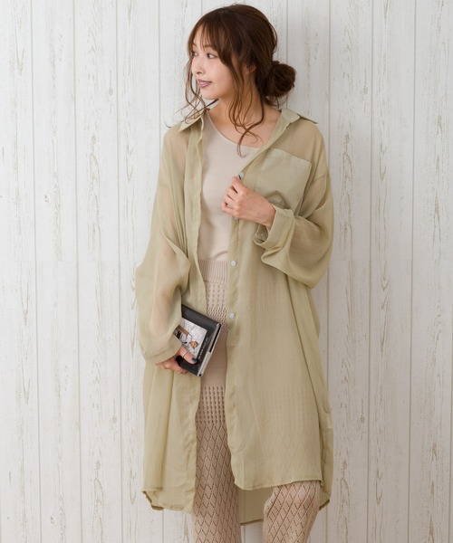 SpRay（スプレイ）の「シアーロングシャツ（シャツ/ブラウス・レディース・ピンク/グレー/ライトグリーン/アイボリー/ブラック/オフホワイト・FREE）」の5枚目の写真