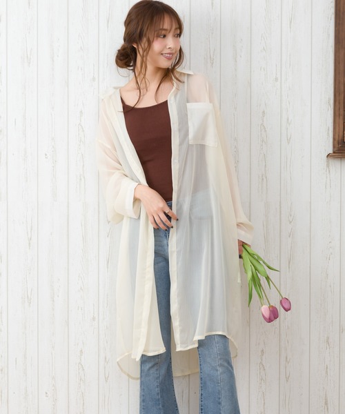 SpRay（スプレイ）の「シアーロングシャツ（シャツ/ブラウス・レディース・ピンク/グレー/ライトグリーン/アイボリー/ブラック/オフホワイト・FREE）」の2枚目の写真