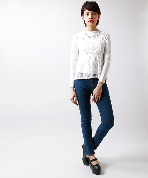 WEGO（ウィゴー）の「WEGO/ハイウエストスキニーパンツ（デニムパンツ・レディース・ダークインディゴブルー/インディゴブルー/ホワイト・LARGE/MEDIUM）」の3枚目の写真