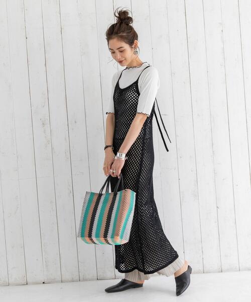 coen by SIZU（コーエンバイシズ）の「coen by SIZU メッシュワンピース＆メロウ5分袖Tシャツ2セット（ワンピース・レディース・ブラック/ナチュラル・FREE）」の4枚目の写真