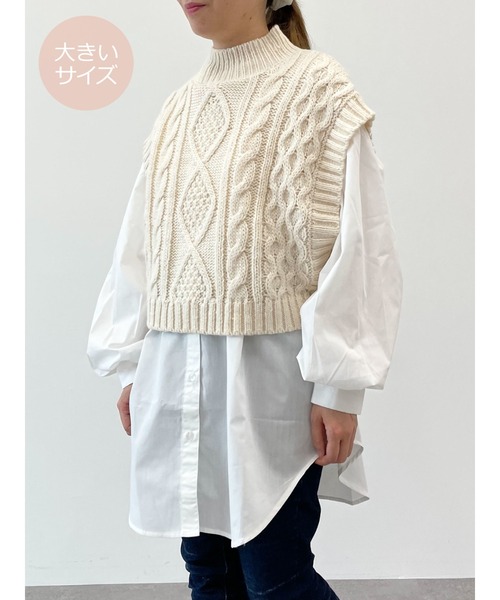 SLURR（スラ―）の「【大きいサイズ】＜セット＞ニットベスト+ブラウスチュニック（ベスト・レディース・ブラック/アイボリー/モカ/ライトベージュ・L）」の6枚目の写真