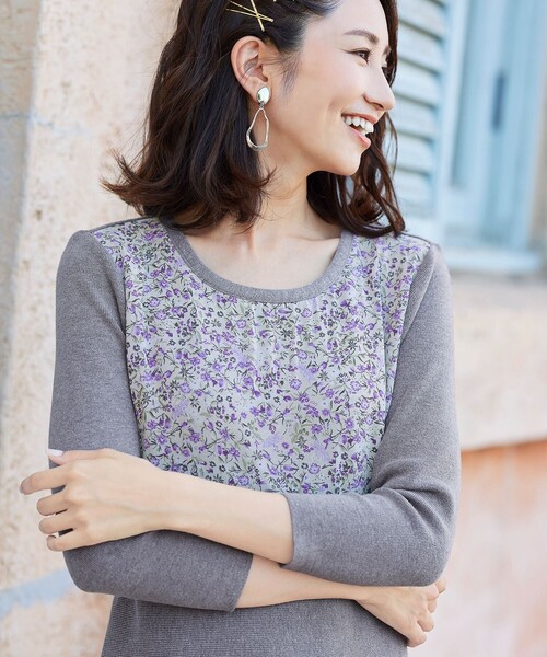 Tiaclasse（ティアクラッセ）の「【洗える】異素材使いの花柄シフォンコンビワンピース（ワンピース・レディース・ブラック/グレー/ミント/モカ・11号/9号/7号）」の10枚目の写真
