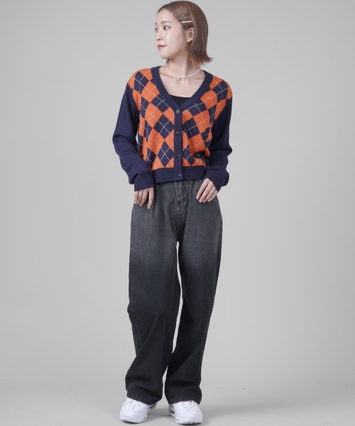 SPINNS（スピンズ）の「アーガイルチェックデザイン ニットカーディガン（カーディガン/ボレロ・レディース・ブラック/ネイビー/サックスブルー・ONESIZE）」の7枚目の写真