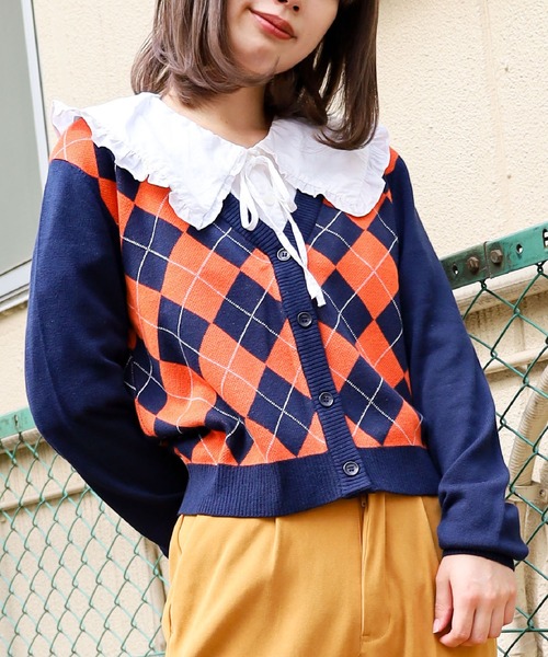 SPINNS（スピンズ）の「アーガイルチェックデザイン ニットカーディガン（カーディガン/ボレロ・レディース・ブラック/ネイビー/サックスブルー・ONESIZE）」の21枚目の写真
