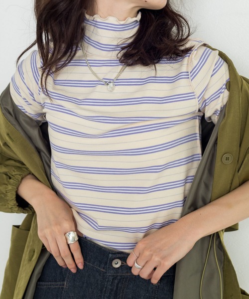tシャツ Tシャツ テレコボーダー ハイネックカットソー tiptop+pocket ティップトッププラスポケット ⁄ [新色登場] テレコ