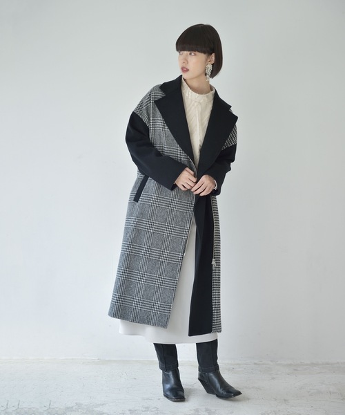 La SRIC（ラスリック）の「La SRIC / アシメZIP3柄チェックCT（チェスターコート・レディース・ライトグレー/ブラック・38）」の9枚目の写真