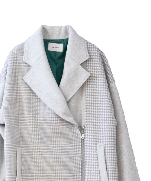 La SRIC（ラスリック）の「La SRIC / アシメZIP3柄チェックCT（チェスターコート・レディース・ライトグレー/ブラック・38）」の8枚目の写真