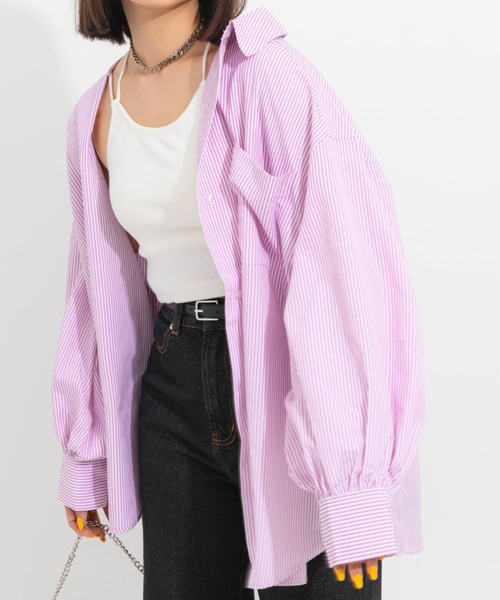 nemne store(ネンネストア)の「【低身長用サイズあり】袖ボリュームストライプシャツ(シャツ/ブラウス・レディース・グリーン系その他/ブルー系その他/パープル系その他/ピンク系その他/ピンク系その他2/ブルー系その他2/オレンジ系その他/パープル系その他2/ブルー/ピンク/ブラック/グリーン/マスタード・フリー/MEDIUM/SMALL/LARGE)」の1枚目の写真