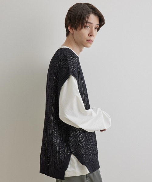 JUNRED(ジュンレッド)の「シアーレースニットルーズベスト(ベスト・メンズ・グリーン/ブラック/ライトグレー・S/L/M)」の2枚目の写真