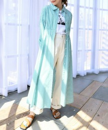 綿100%先染めストライプ.ウエストマークロングシャツワンピース