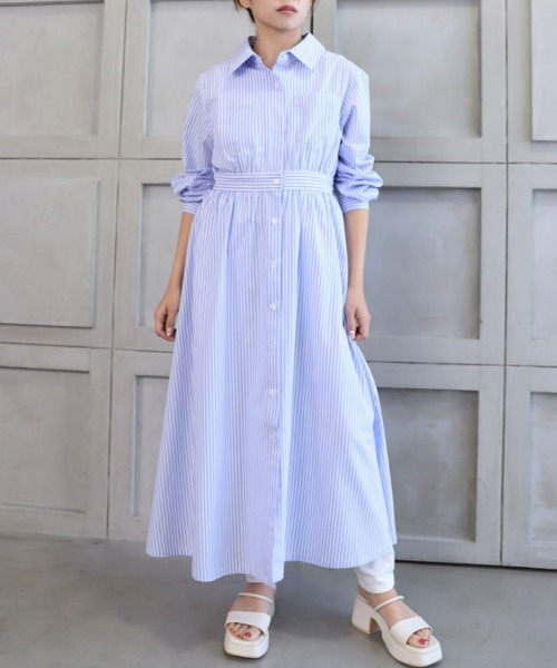 moment+(モーメントプラス)の「綿100%先染めストライプ.ウエストマークロングシャツワンピース(シャツワンピース・レディース・ブラック/ネイビー/レッド/サックスブルー/ターコイズブルー/オレンジ/グリーン・M)」の10枚目の写真