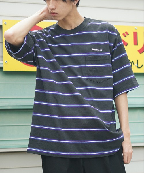 BEN DAVIS（ベンデイビス）の「【BEN DAVIS/ベンデイビス】ヘビーテンジクボーダーBIGTシャツ（Tシャツ/カットソー・メンズ・チャコールグレー/パープル/イエロー/グリーン・MEDIUM/LARGE/X-LARGE）」の2枚目の写真