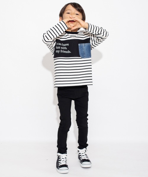 BRANSHES（ブランシェス）の「【デニムポケット】ボーダー長袖Tシャツ ロンT（Tシャツ/カットソー・キッズ・ブラック/アイボリー・110/100/130/120/150/140/90）」の6枚目の写真