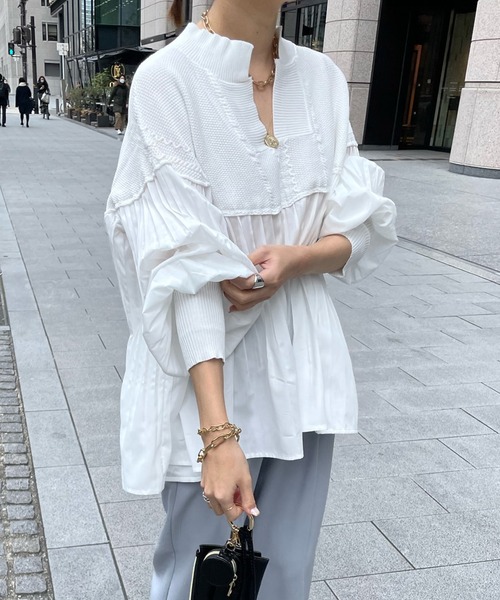 DouDou（ドゥドゥ）の「SSケーブルニット×プリーツ切替プルオーバー（ニット/セーター・レディース・ブラック/ベージュ/オフホワイト/ベージュ系その他・FREE）」の2枚目の写真