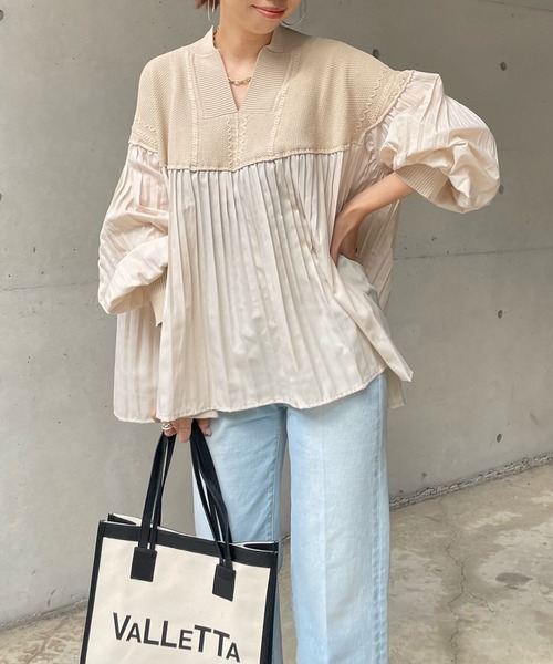 DouDou（ドゥドゥ）の「SSケーブルニット×プリーツ切替プルオーバー（ニット/セーター・レディース・ブラック/ベージュ/オフホワイト/ベージュ系その他・FREE）」の12枚目の写真