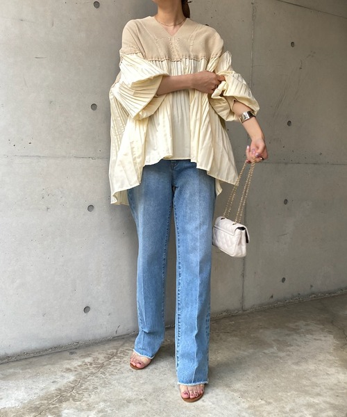 DouDou（ドゥドゥ）の「SSケーブルニット×プリーツ切替プルオーバー（ニット/セーター・レディース・ブラック/ベージュ/オフホワイト/ベージュ系その他・FREE）」の10枚目の写真