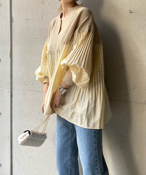 DouDou（ドゥドゥ）の「SSケーブルニット×プリーツ切替プルオーバー（ニット/セーター・レディース・ブラック/ベージュ/オフホワイト/ベージュ系その他・FREE）」の6枚目の写真