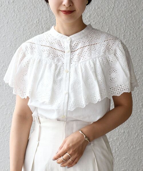 ブラウス シャツ 刺繍フリルブラウス レディース r・p・s ブラウス シャツ 刺繍入りフリル衿5分袖ブラウス