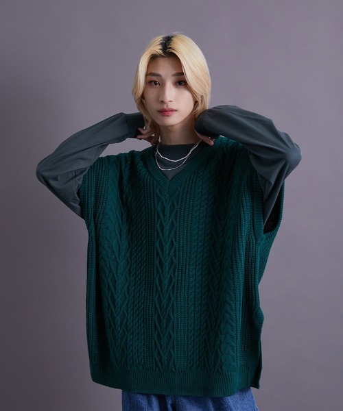 re_k by JUNRED(レクバイジュンレッド)の「re_k by JUNRED / バルキーアランオーバーVネックベスト(ベスト・メンズ・チャコールグレー/イエロー/グリーン・M/L)」の16枚目の写真