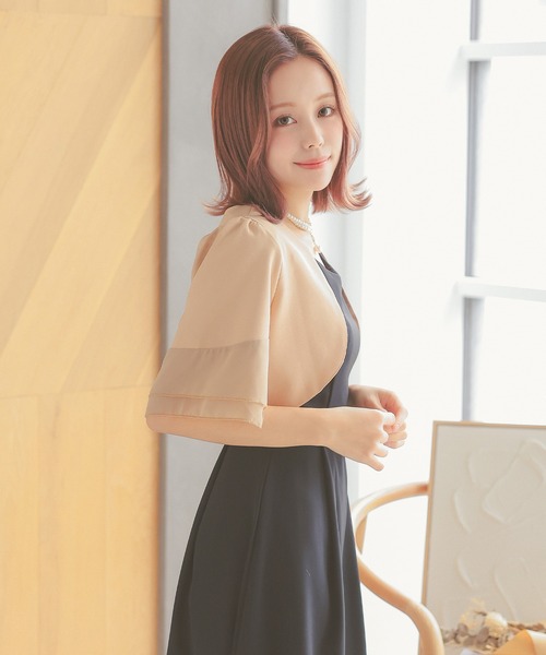 ベージュ パフスリーブ 半袖ボレロ 半袖シフォンパフスリーブショート丈 フォーマル ボレロ