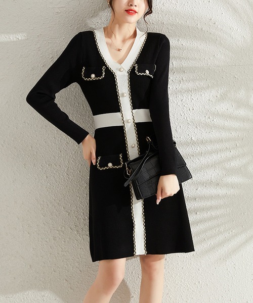 MAISON DE THERESE（メゾン ド テレーズ）の「バイカラーVネックニットワンピース（ワンピース・レディース・ブラック/ホワイト・M/L）」の5枚目の写真