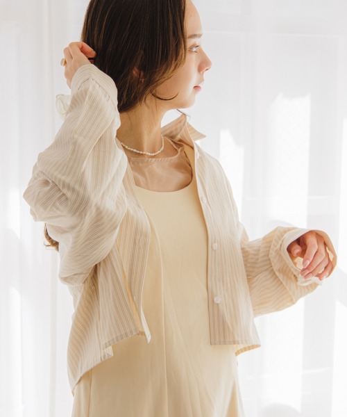 flower（フラワー）の「ストライプショートシャツ（シャツ/ブラウス・レディース・ベージュ/イエロー・FREE）」の2枚目の写真