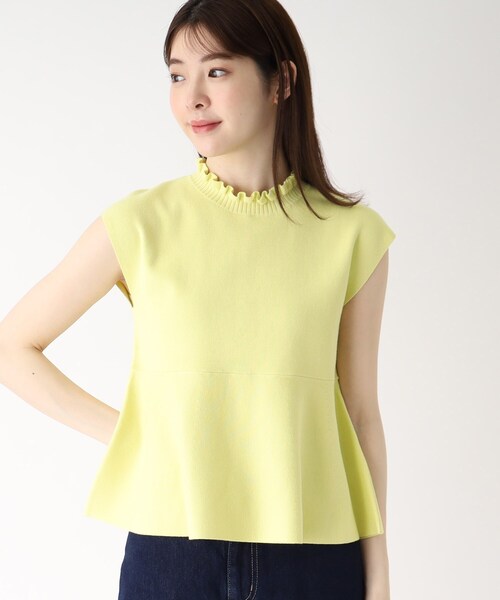 index（インデックス）の「◆オーガニックコットン バックシャンペプラムフェイクパールニット【UVケア・洗濯機で洗える】（ニット/セーター・レディース・レモンイエロー/ホワイト系/ブルー系7/ネイビー・36/38/40/42）」の4枚目の写真