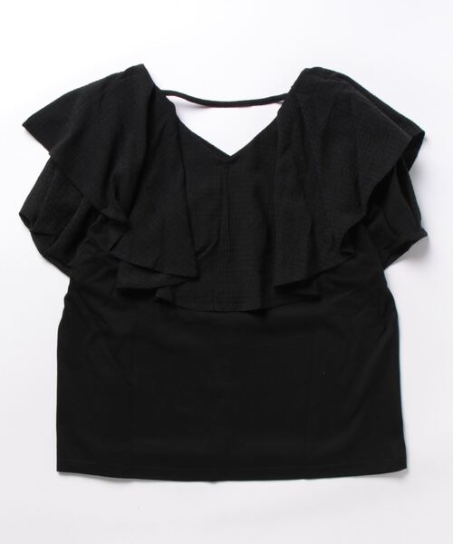 REAL CUBE（リアルキューブ）の「異素材切替えフリルカラートップス（Tシャツ/カットソー・レディース・ブラック/オフホワイト/モカ・M）」の4枚目の写真