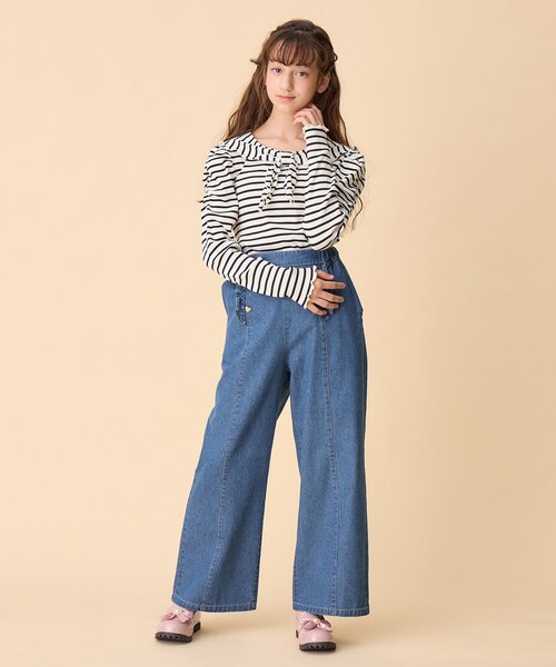 【2WAY】テレコボーダー リボン付きカットソー セール】リボン テレコボーダー Tシャツ（Tシャツ/カットソー
