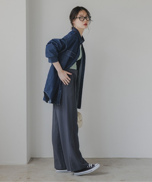 最終SALE★ENFOLD コットン オーバーサイズシャツ ブラウス デニム調 quaranciel:〈洗濯機可能〉オーバー サイズ デニム シャツ