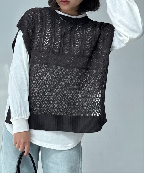 AS KNOW AS plus（アズノゥアズプラス）の「☆透かしベストとロンＴ セット（Tシャツ/カットソー・レディース・ベージュ/スミクロ/ブルーグレー/ベージュ系1/ブラック系1/ブルー系1/ブラック系/ブルー系/ベージュ系/グリーン系/ブラック系2/ベージュ系2/グリーン系2/ワイン系2/サックスブルー系3/ブラック系3/グリーン系3/ベージュ系3/グレー系4/ベージュ系4/カーキ系4/サックスブルー系4・FREE）」の7枚目の写真