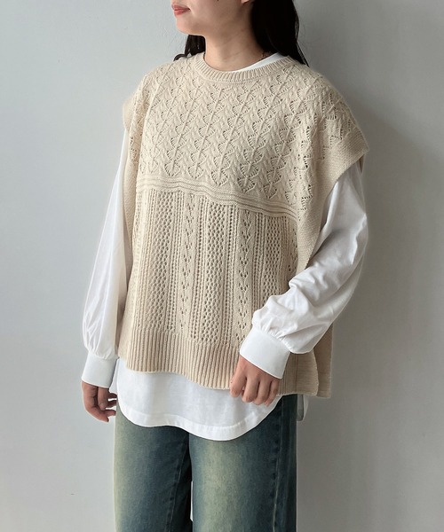 AS KNOW AS plus（アズノゥアズプラス）の「☆透かしベストとロンＴ セット（Tシャツ/カットソー・レディース・ベージュ/スミクロ/ブルーグレー/ベージュ系1/ブラック系1/ブルー系1/ブラック系/ブルー系/ベージュ系/グリーン系/ブラック系2/ベージュ系2/グリーン系2/ワイン系2/サックスブルー系3/ブラック系3/グリーン系3/ベージュ系3/グレー系4/ベージュ系4/カーキ系4/サックスブルー系4・FREE）」の11枚目の写真