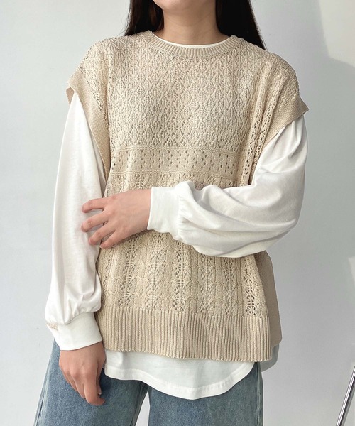 AS KNOW AS plus（アズノゥアズプラス）の「☆透かしベストとロンＴ セット（Tシャツ/カットソー・レディース・ベージュ/スミクロ/ブルーグレー/ベージュ系1/ブラック系1/ブルー系1/ブラック系/ブルー系/ベージュ系/グリーン系/ブラック系2/ベージュ系2/グリーン系2/ワイン系2/サックスブルー系3/ブラック系3/グリーン系3/ベージュ系3/グレー系4/ベージュ系4/カーキ系4/サックスブルー系4・FREE）」の12枚目の写真