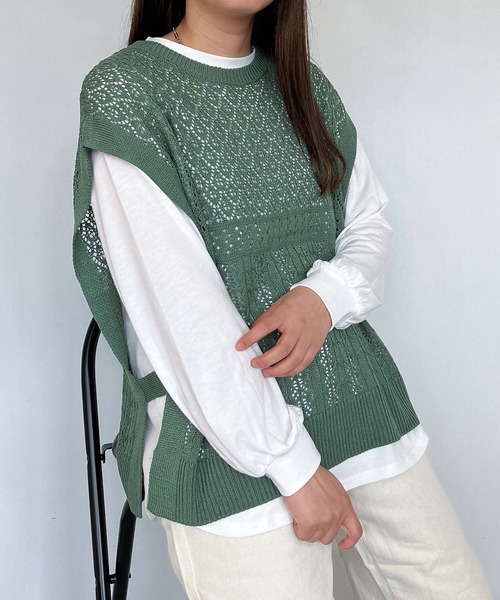 AS KNOW AS plus（アズノゥアズプラス）の「☆透かしベストとロンＴ セット（Tシャツ/カットソー・レディース・ベージュ/スミクロ/ブルーグレー/ベージュ系1/ブラック系1/ブルー系1/ブラック系/ブルー系/ベージュ系/グリーン系/ブラック系2/ベージュ系2/グリーン系2/ワイン系2/サックスブルー系3/ブラック系3/グリーン系3/ベージュ系3/グレー系4/ベージュ系4/カーキ系4/サックスブルー系4・FREE）」の17枚目の写真