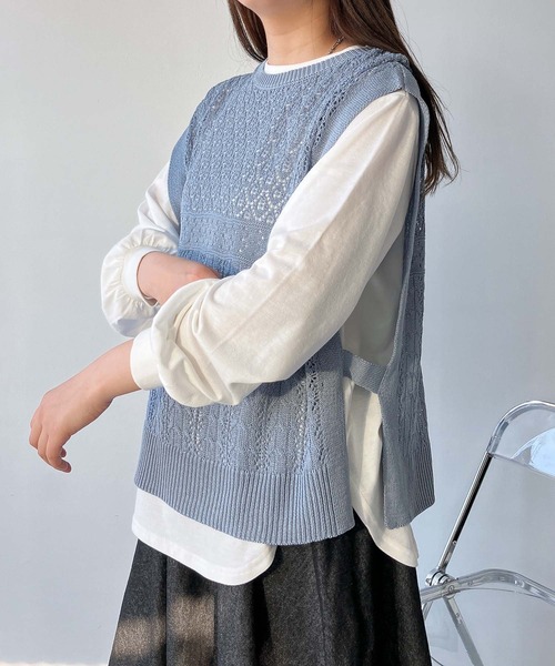 AS KNOW AS plus（アズノゥアズプラス）の「☆透かしベストとロンＴ セット（Tシャツ/カットソー・レディース・ベージュ/スミクロ/ブルーグレー/ベージュ系1/ブラック系1/ブルー系1/ブラック系/ブルー系/ベージュ系/グリーン系/ブラック系2/ベージュ系2/グリーン系2/ワイン系2/サックスブルー系3/ブラック系3/グリーン系3/ベージュ系3/グレー系4/ベージュ系4/カーキ系4/サックスブルー系4・FREE）」の18枚目の写真