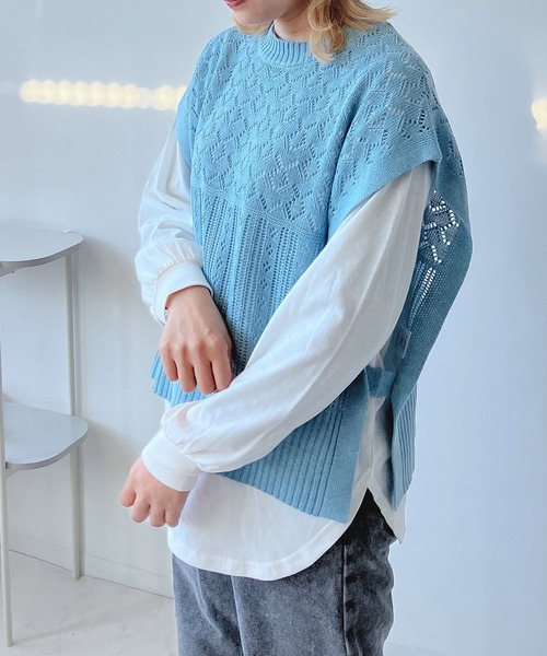 AS KNOW AS plus（アズノゥアズプラス）の「☆透かしベストとロンＴ セット（Tシャツ/カットソー・レディース・ベージュ/スミクロ/ブルーグレー/ベージュ系1/ブラック系1/ブルー系1/ブラック系/ブルー系/ベージュ系/グリーン系/ブラック系2/ベージュ系2/グリーン系2/ワイン系2/サックスブルー系3/ブラック系3/グリーン系3/ベージュ系3/グレー系4/ベージュ系4/カーキ系4/サックスブルー系4・FREE）」の20枚目の写真