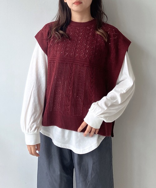 AS KNOW AS plus（アズノゥアズプラス）の「☆透かしベストとロンＴ セット（Tシャツ/カットソー・レディース・ベージュ/スミクロ/ブルーグレー/ベージュ系1/ブラック系1/ブルー系1/ブラック系/ブルー系/ベージュ系/グリーン系/ブラック系2/ベージュ系2/グリーン系2/ワイン系2/サックスブルー系3/ブラック系3/グリーン系3/ベージュ系3/グレー系4/ベージュ系4/カーキ系4/サックスブルー系4・FREE）」の22枚目の写真