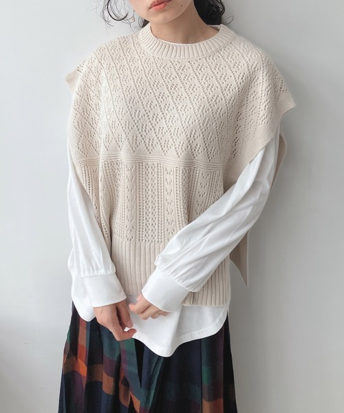 AS KNOW AS plus（アズノゥアズプラス）の「☆透かしベストとロンＴ セット（Tシャツ/カットソー・レディース・ベージュ/スミクロ/ブルーグレー/ベージュ系1/ブラック系1/ブルー系1/ブラック系/ブルー系/ベージュ系/グリーン系/ブラック系2/ベージュ系2/グリーン系2/ワイン系2/サックスブルー系3/ブラック系3/グリーン系3/ベージュ系3/グレー系4/ベージュ系4/カーキ系4/サックスブルー系4・FREE）」の8枚目の写真