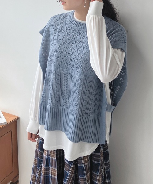 AS KNOW AS plus（アズノゥアズプラス）の「☆透かしベストとロンＴ セット（Tシャツ/カットソー・レディース・ベージュ/スミクロ/ブルーグレー/ベージュ系1/ブラック系1/ブルー系1/ブラック系/ブルー系/ベージュ系/グリーン系/ブラック系2/ベージュ系2/グリーン系2/ワイン系2/サックスブルー系3/ブラック系3/グリーン系3/ベージュ系3/グレー系4/ベージュ系4/カーキ系4/サックスブルー系4・FREE）」の6枚目の写真