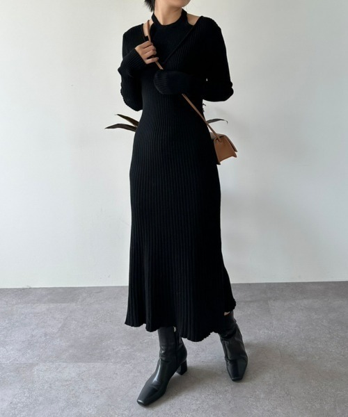 美品✨サクラ ハーフウーステッドウールレイヤード ワンピース ロング ニット 黒 レイヤードニットワンピース（ワンピース）｜DRWCYS（ドロシーズ）の