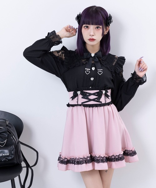 DearMyLove(ディアマイラブ)の「ハートビジューリボンレースアップフリルスカート(スカート・レディース・ベビーピンク/ブラック・X-LARGE/XX-LARGE/MEDIUM/LARGE/SMALL)」の10枚目の写真