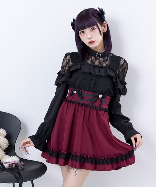 DearMyLove(ディアマイラブ)の「ハートビジューリボンレースアップフリルスカート(スカート・レディース・ベビーピンク/ブラック・X-LARGE/XX-LARGE/MEDIUM/LARGE/SMALL)」の12枚目の写真